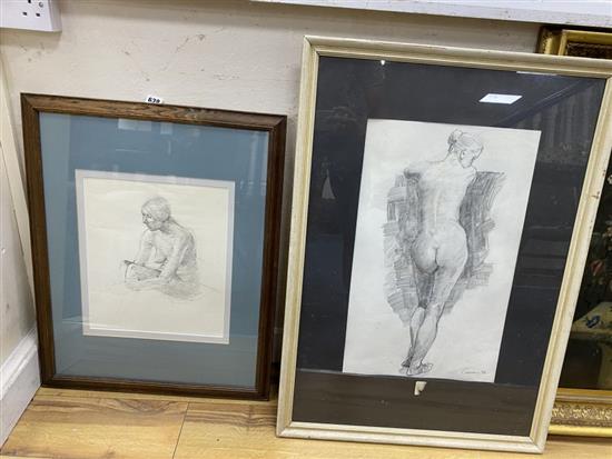 Betty Swanwick RA (1915-1989), pencil drawing, seated nude and a similar drawing by another hand, largest 51 x 32cm